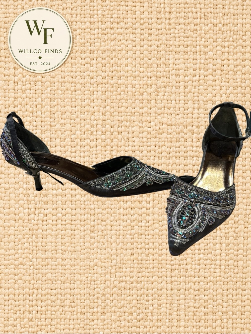 Anne Michelle Y2K Beaded Sequin Pointed Toe Kitten Heels 8.5